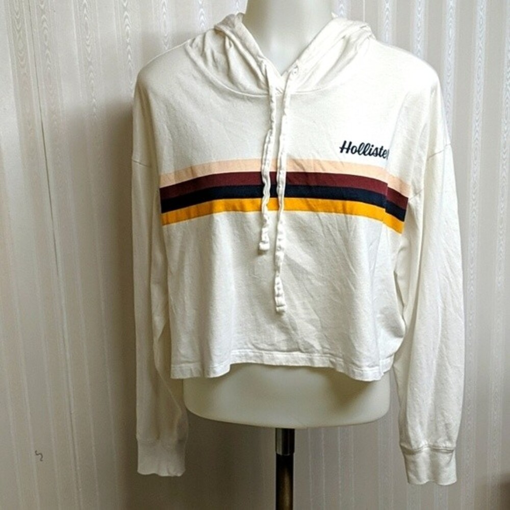 Hollister Boyfriend Crop Tee Hoodie White Small Striped Cropped S